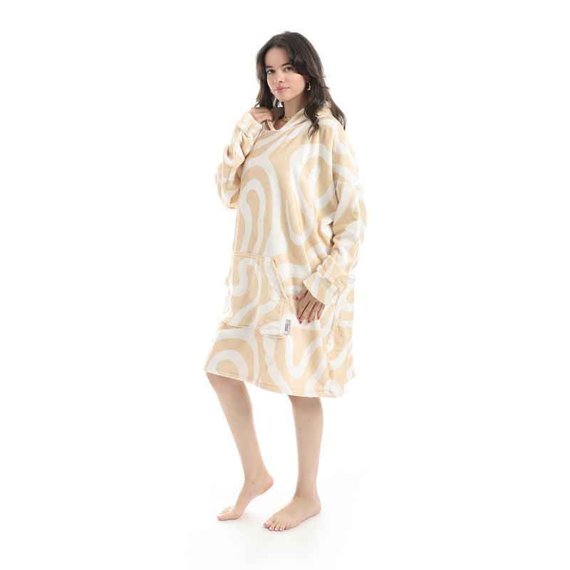 Oversized Wearable Blanket Hoodie – Beige Waves Design