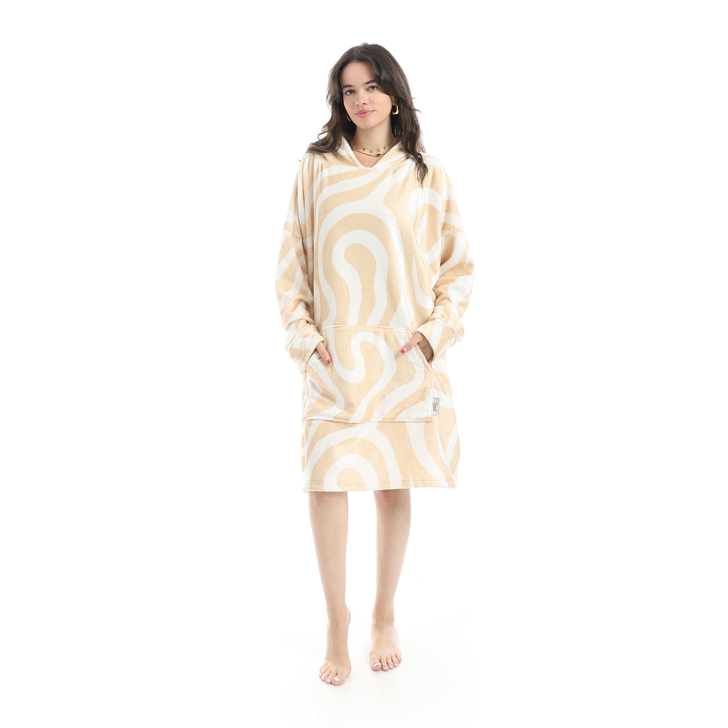 Oversized Wearable Blanket Hoodie – Beige Waves Design