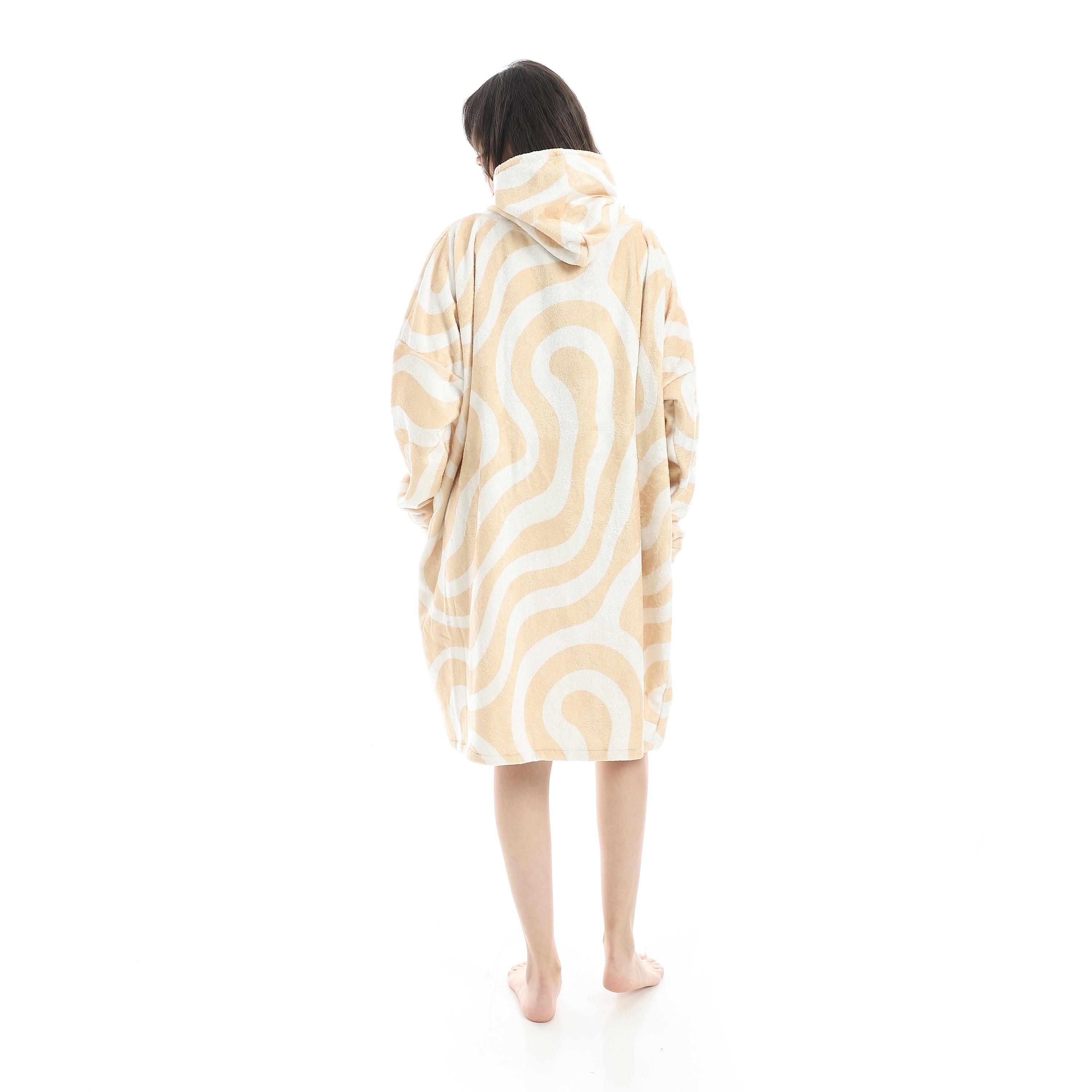Oversized Wearable Blanket Hoodie – Beige Waves Design