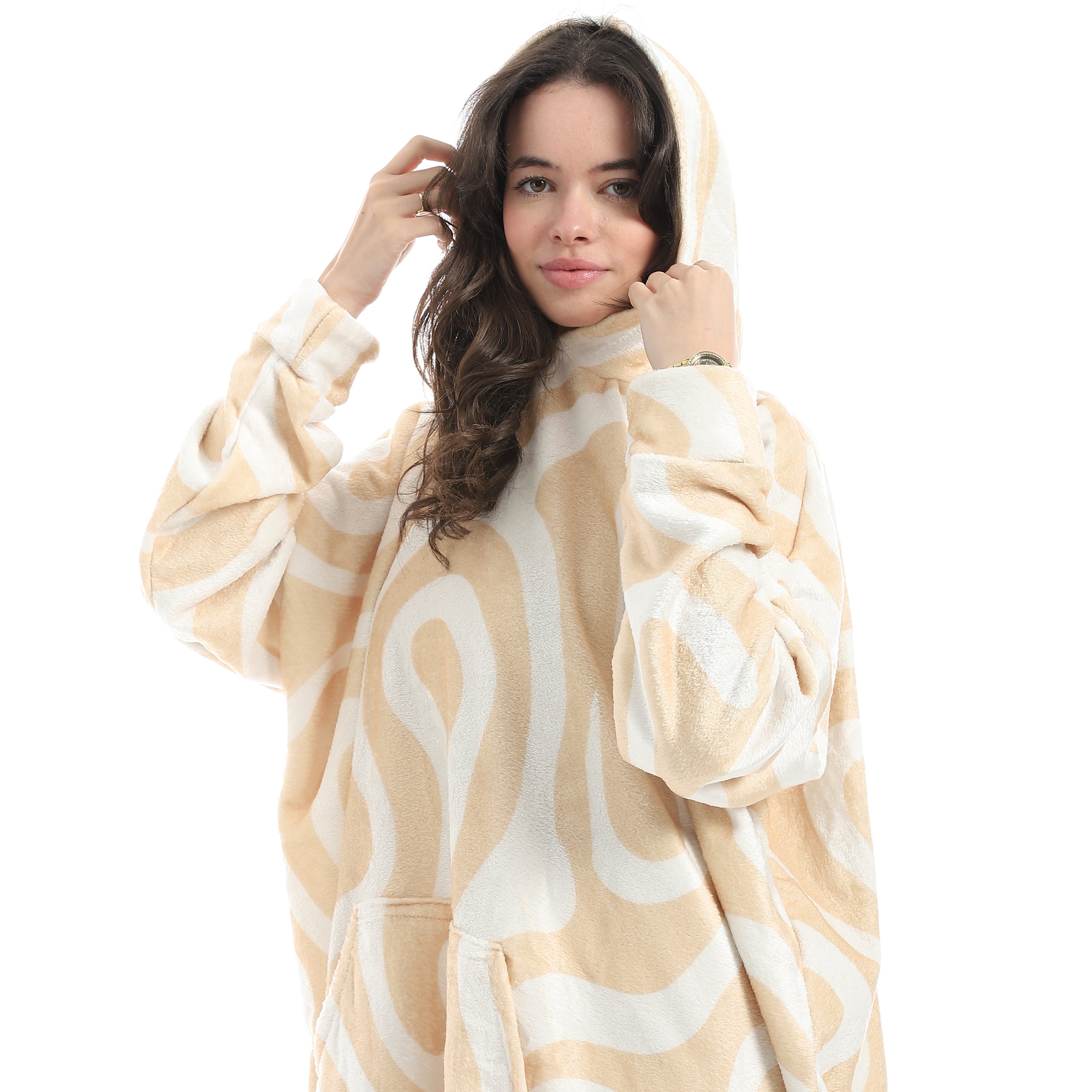 Oversized Wearable Blanket Hoodie – Beige Waves Design