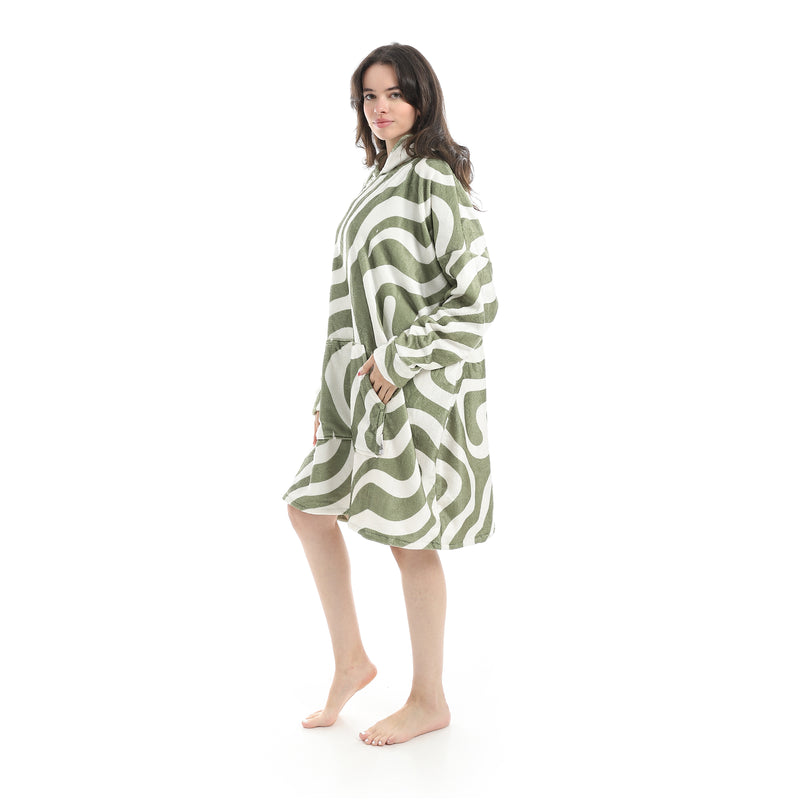 Oversized Wearable Blanket Hoodie – Dark Green Waves Design