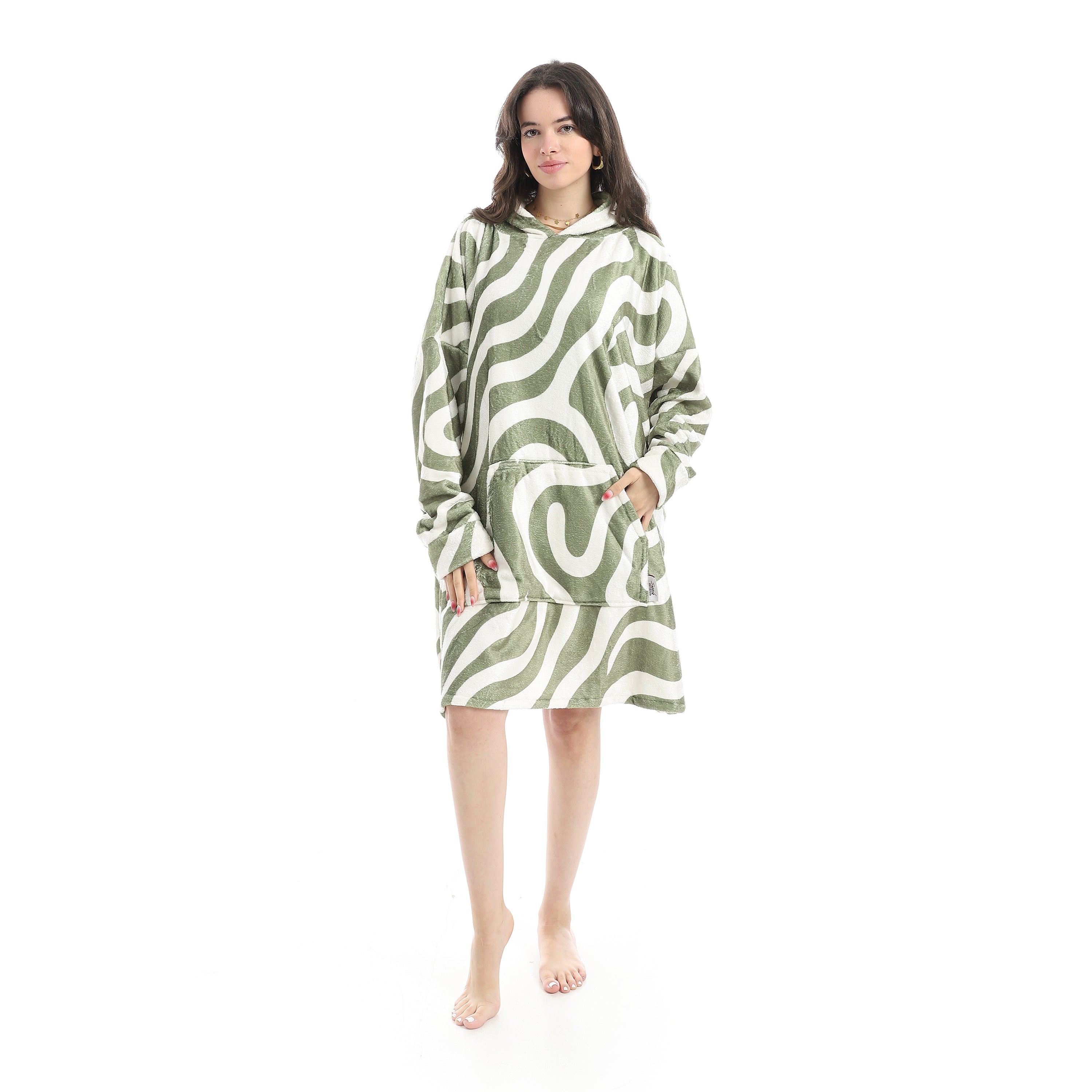 Oversized Wearable Blanket Hoodie – Dark Green Waves Design