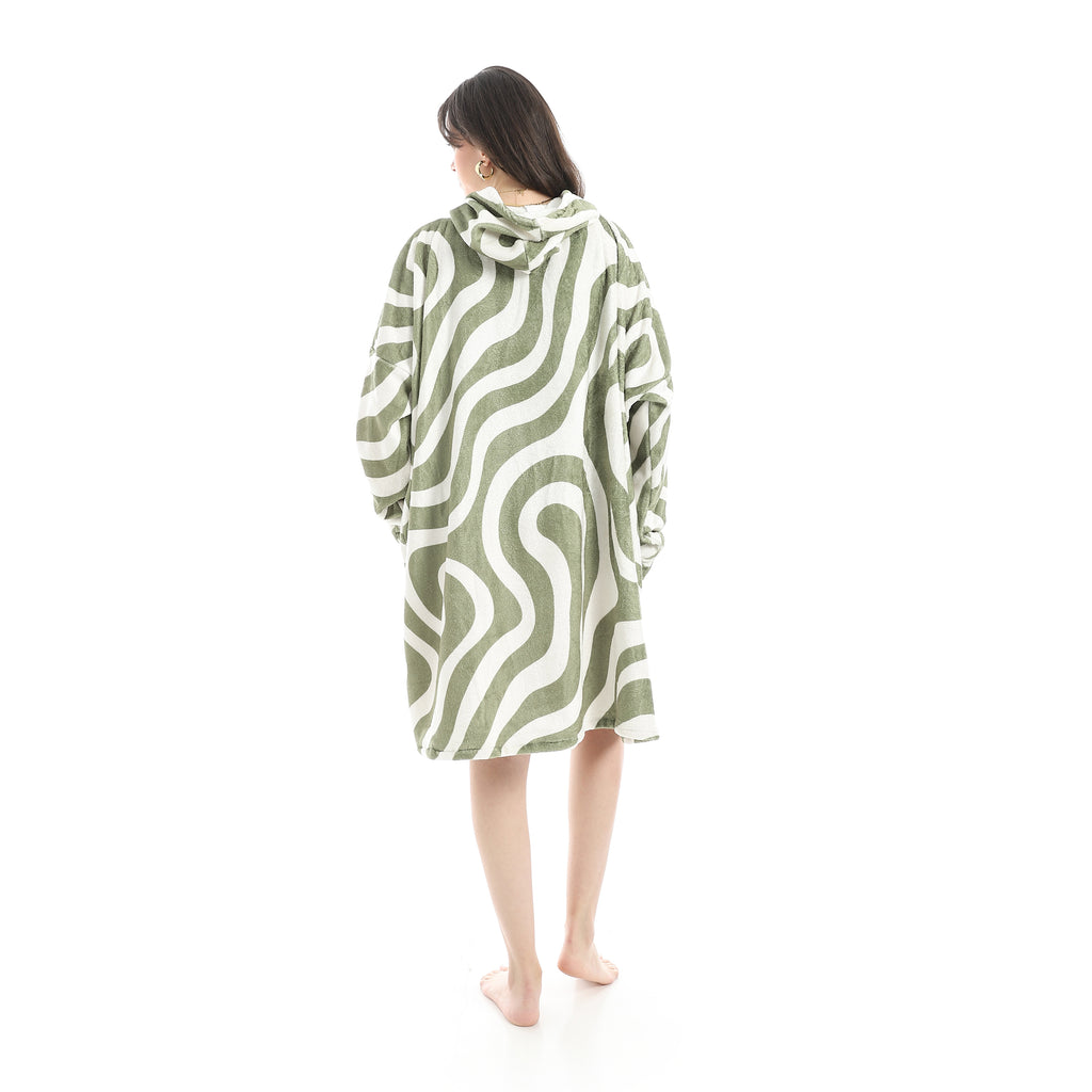 Oversized Wearable Blanket Hoodie – Dark Green Waves Design