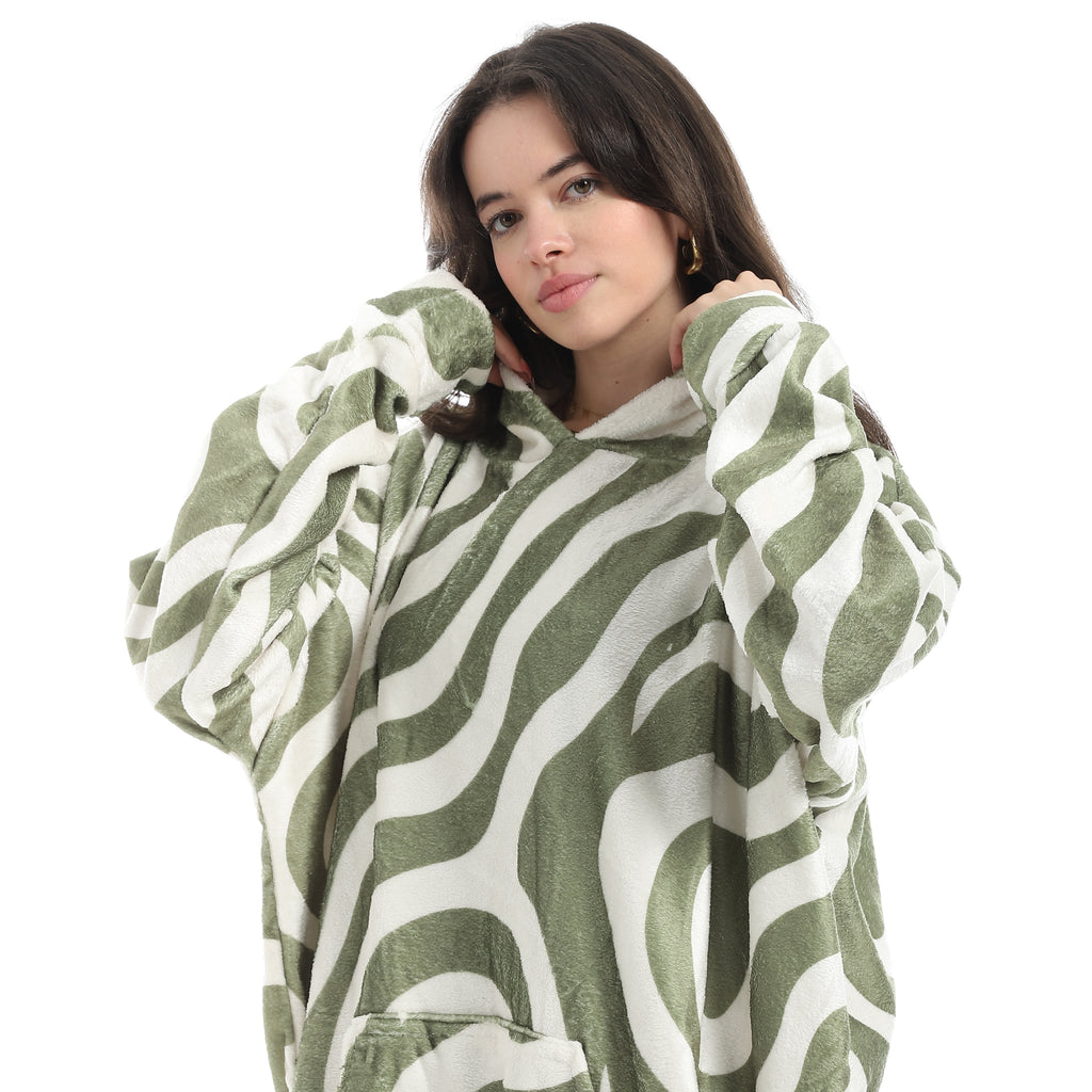 Oversized Wearable Blanket Hoodie – Dark Green Waves Design