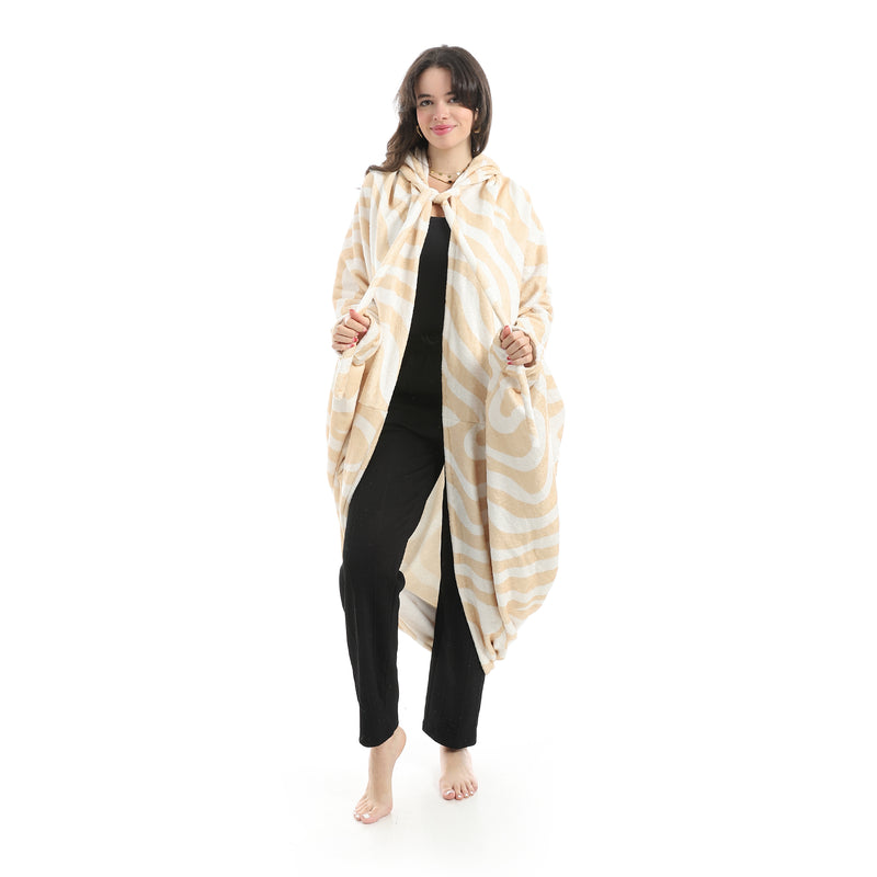 بطانية بغطاء رأس يمكن ارتداؤها - تصميم أمواج بيج