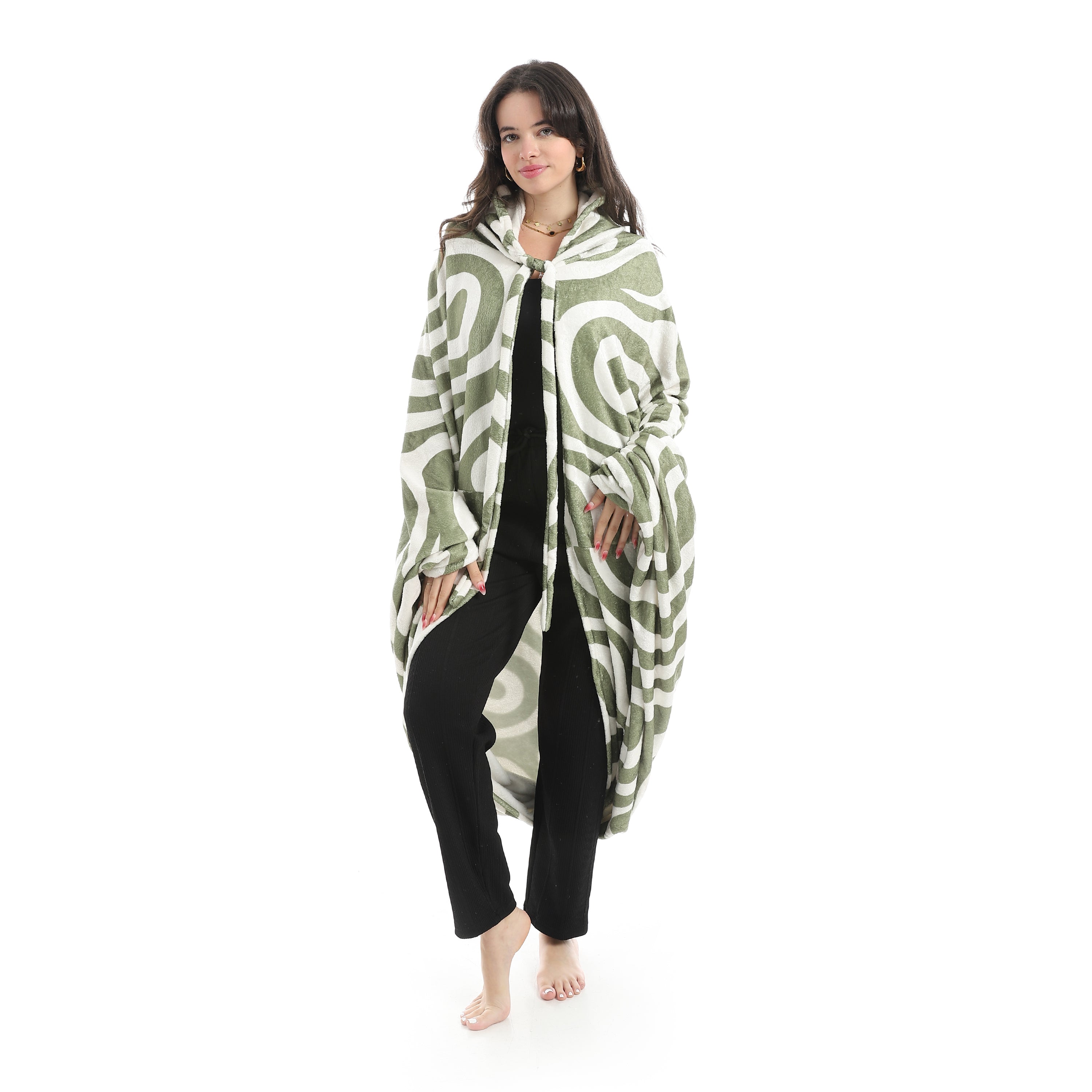 Wearable Blanket Hoodie – Dark Green Waves Design