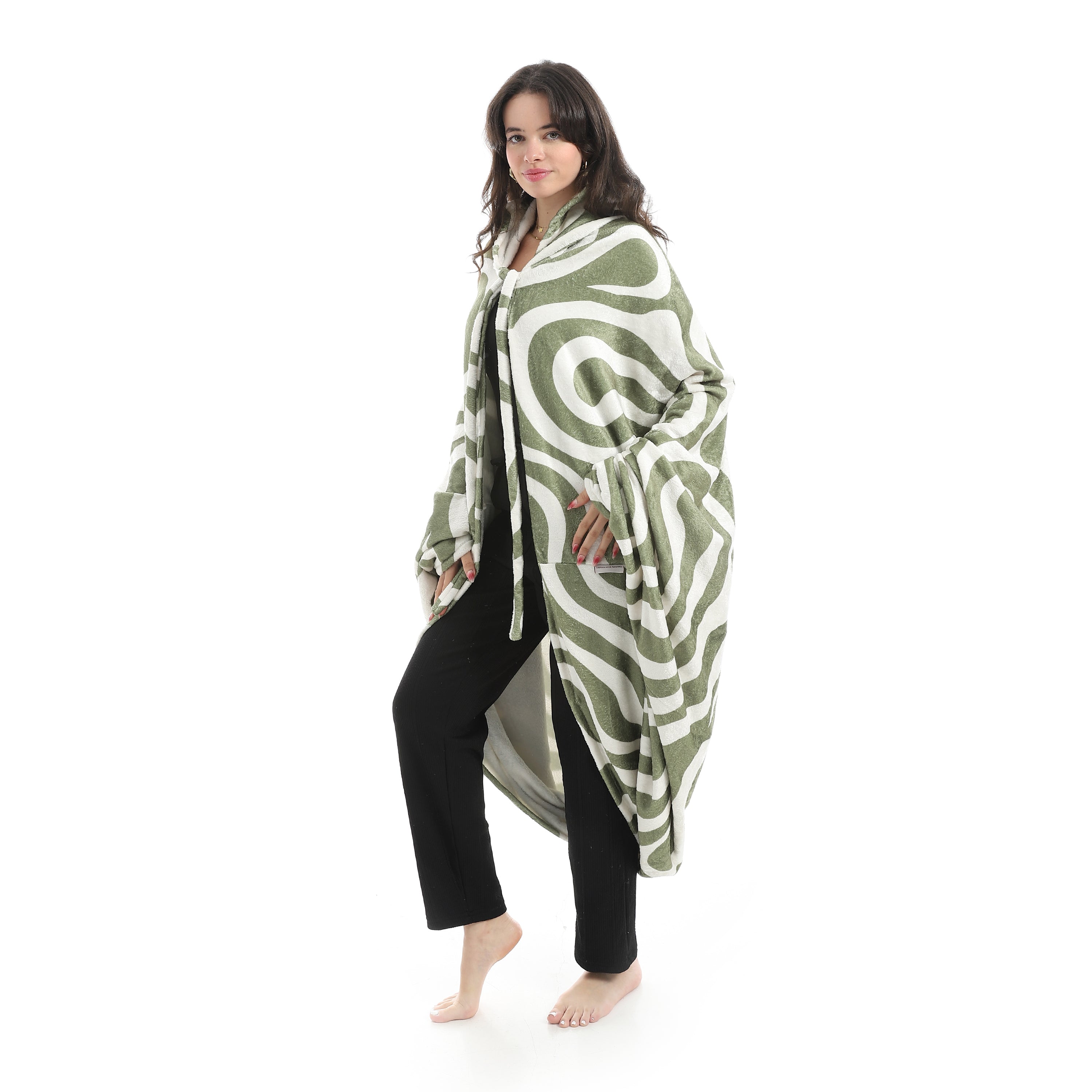 Wearable Blanket Hoodie – Dark Green Waves Design
