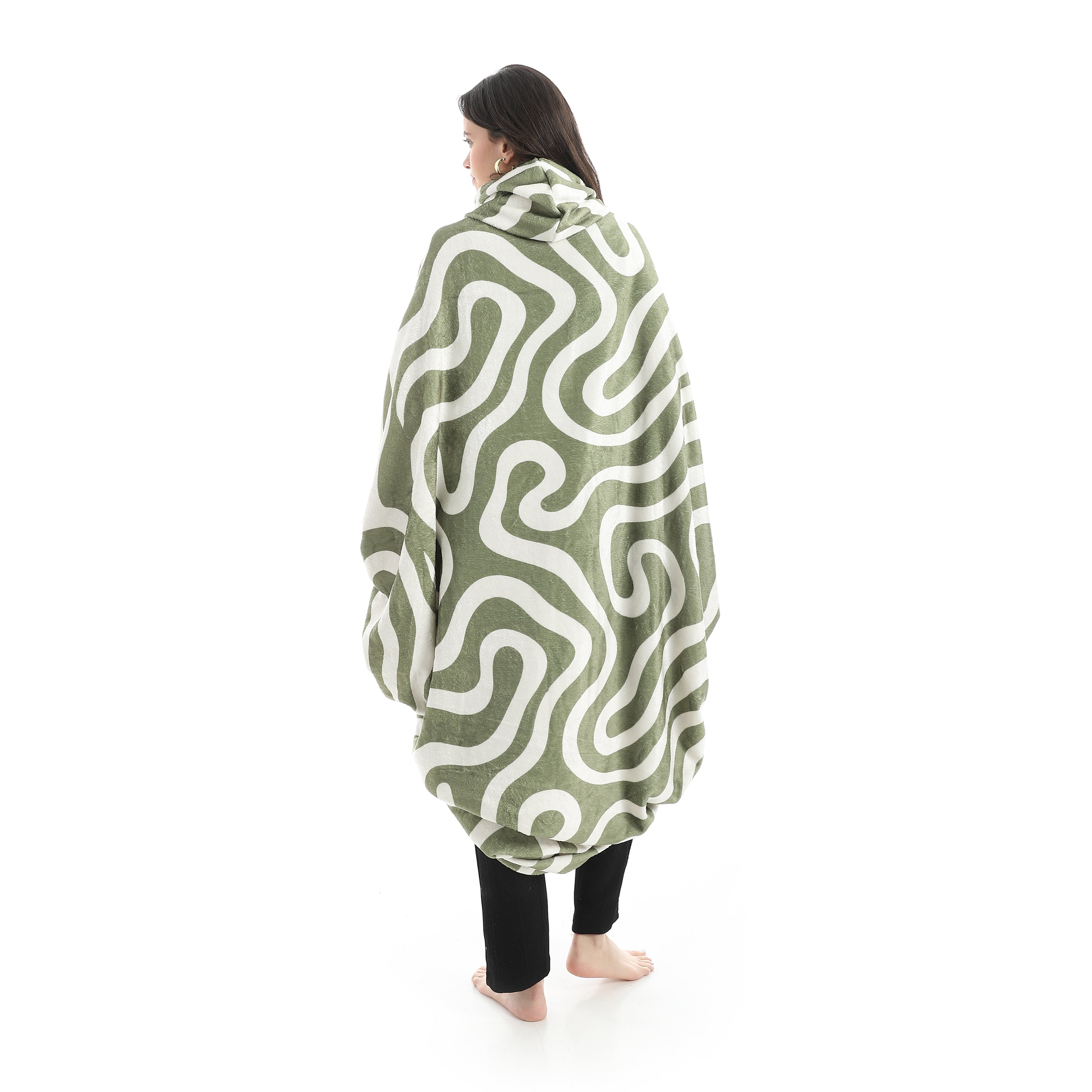 Wearable Blanket Hoodie – Dark Green Waves Design
