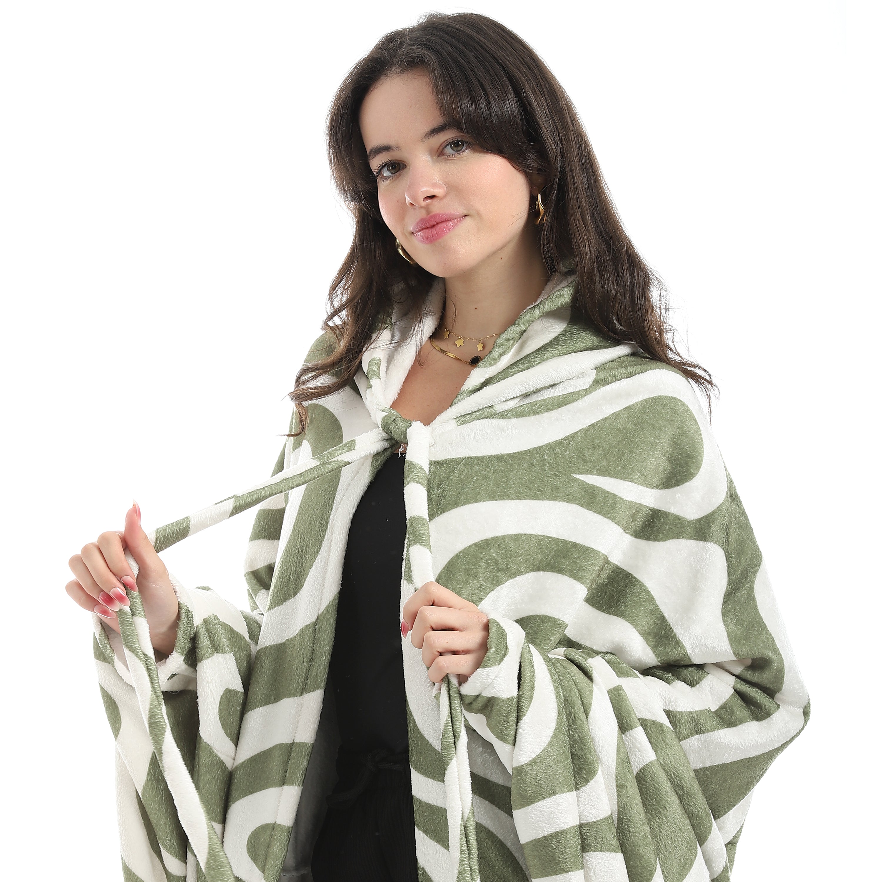 Wearable Blanket Hoodie – Dark Green Waves Design