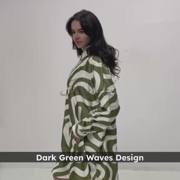 Oversized Wearable Blanket Hoodie – Dark Green Waves Design
